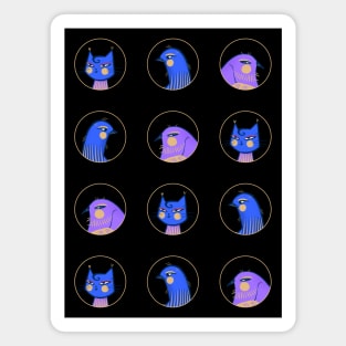 Two purple and blue male birds one blue lady cat, version 2 Magnet